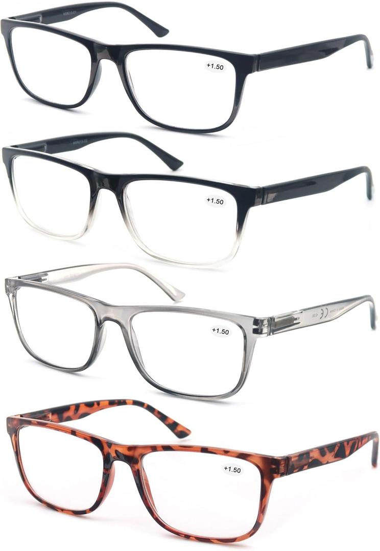 Large Reading Glasses +4.5 Oversized Square Men Readers 4 Pack,Comfort Lightweight Eyeglasses Flexible Spring Hinge (4 Mix Color) 