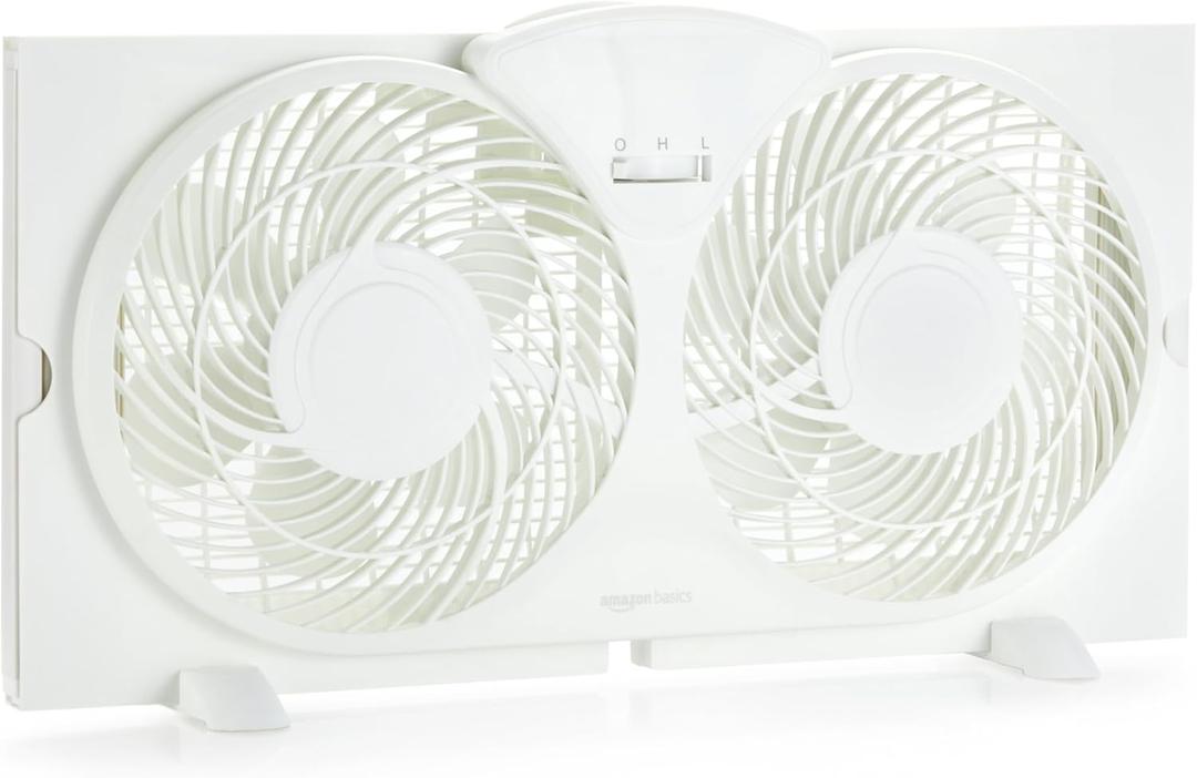 Amazon Basics Twin Window Fan for Home Bedroom, 9 inch, Reversible Airflow, Exhaust Mode, Expandable Side Panels, Width Adjustable, 2 Speeds, Air Circulation, 68W, White