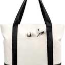 TOPDesign Canvas Tote Bag with an External Pocket, Reusable Grocery Shopping Bag, Top Zipper Closure, Daily Essentials (Black/Natural Pack of 1)