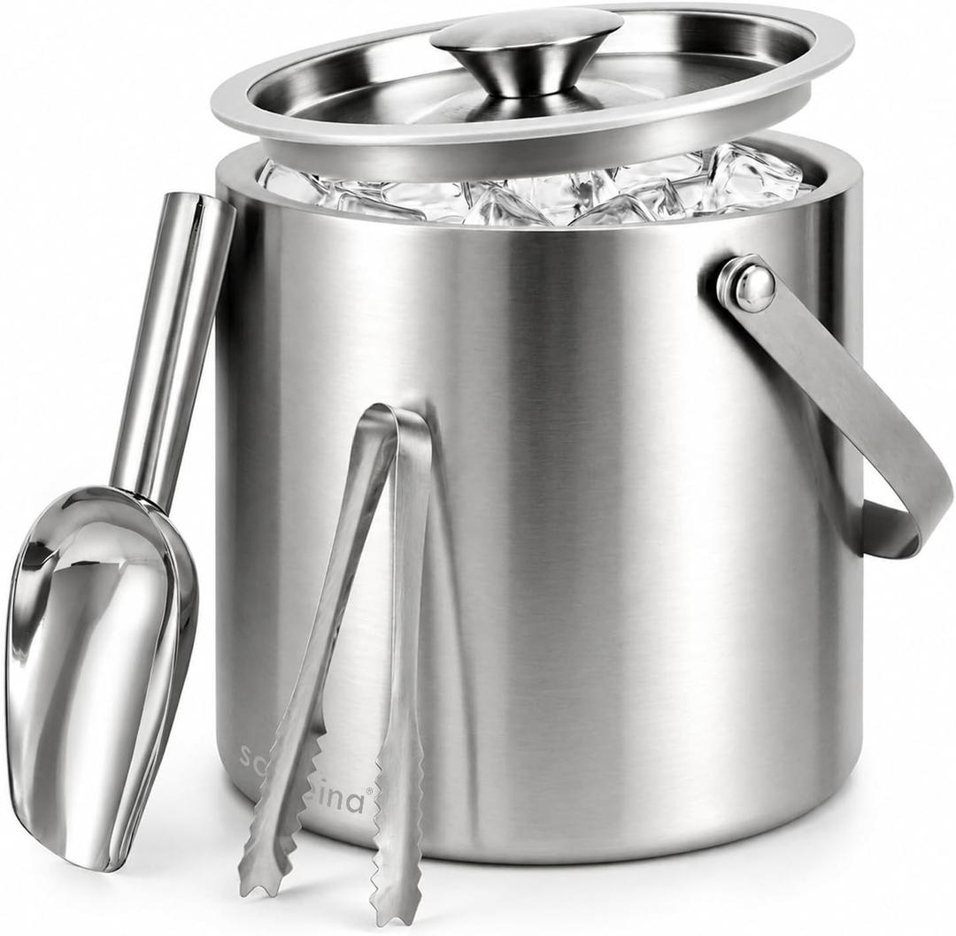 3L Double-Wall Stainless Steel Ice Bucket with Lid, Scoop, Tongs & Handle Insulated Ice Container for Parties, Bar, and Camping Keeps Ice Frozen Longer