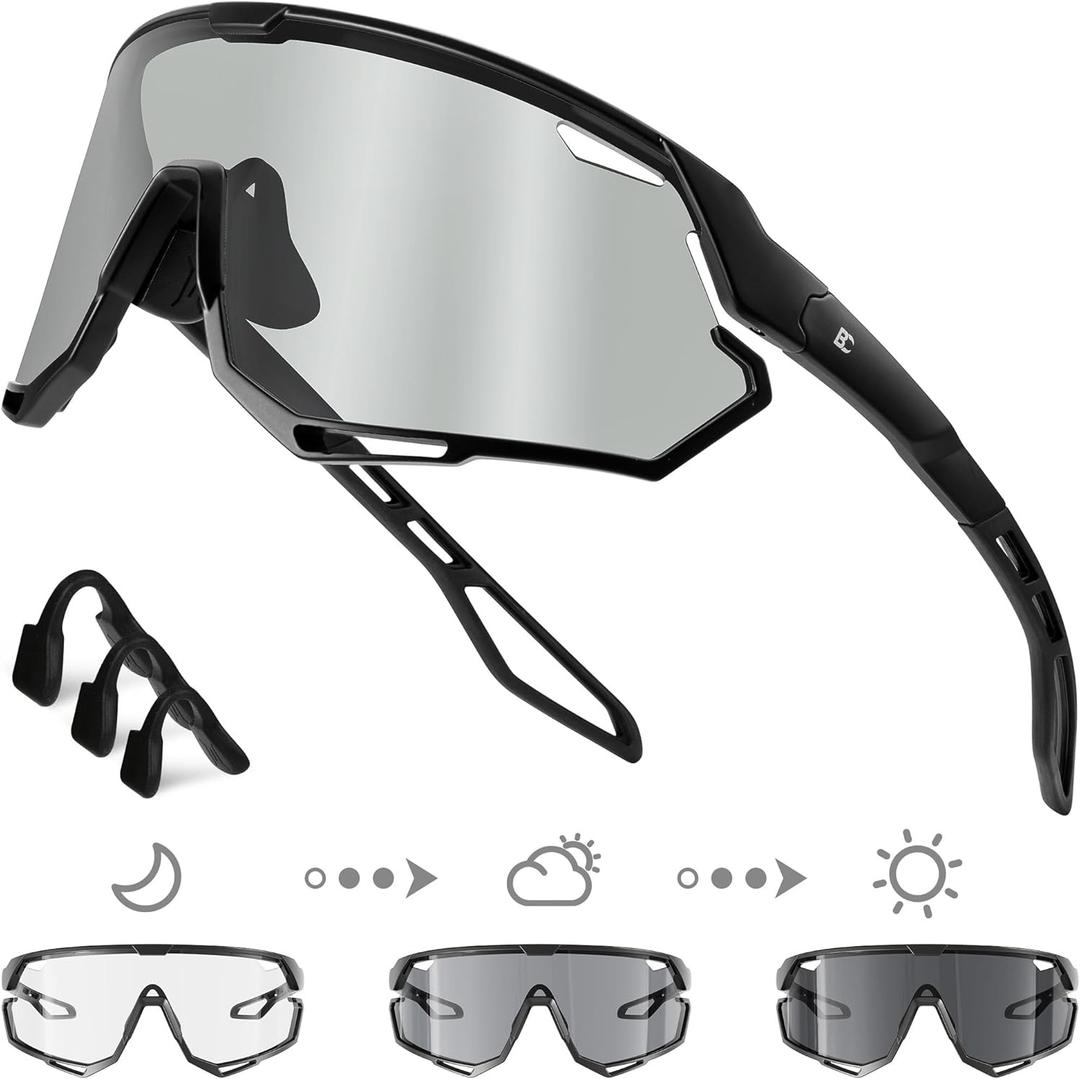 BIRCEN Photochromic Cycling Glasses: Mountain Bike Sports Sunglasses for Men Women Running Riding MTB Baseball (A-black Frame Photochromic Black Lens)