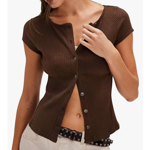 Womens Slim Fitted Shirts Short Sleeve Cardigan Button Down Blouses Y2k Ribbed Tops Size S