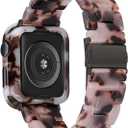Band with Case Compatible with Apple Watch 49mm 46mm 45mm 44mm 42mm 41mm 40mm 38mm,Women Men Fashion Resin Strap Bumper for iWatch Ultra 3/2/1 Series 11 10 9 8 7 SE 6 5 4 3 2 1 (Black Ivory Tortoise)