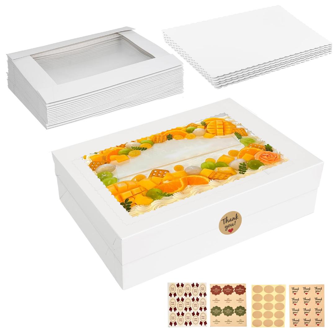Aufind 6pcs Cake Boxes with Cake Board, 19x14x4.5 Inches White Bakery Boxes with Large Window for Quarter Sheet Cakes, Donuts, Cupcakes, Pastry & Pies