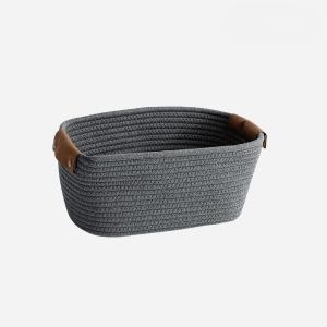 Medium Cotton Woven Basket with PU Leather Handle, Baby Kids Clothes Toys Candy Gifts Cotton Rope Organizer, Living Room Basket Bathroom Shower Storage Laundry Basket, Dog Cat Bed, Cute Decor, Black