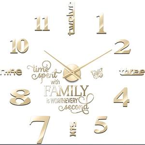 Junkin 3D Large Frameless DIY Wall Clock Modern Decor Family Quote Wall Stickers Clock Kit for Home Living Room Bedroom Office Decorations Adjustable Size(Gold)