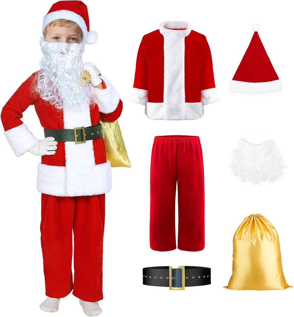 Kids Santa Costume 6PCS Deluxe Velvet Santa Claus Costume for Kids Boys Girls,Christmas Halloween Cosplay Party Outfit (Large, Red)