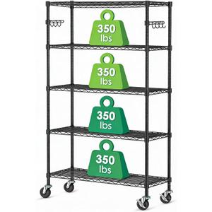 Wire Shelving with Wheels Metal Garage Storage Shelves Rack Unit NSF 5 Tier Heavy Duty Steel Utility Rolling Shelve Adjustable Industrial Sturdy Shelving for Kitchen Garage Pantry Bathroom Laundry