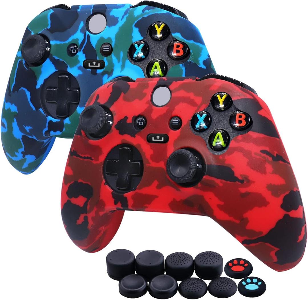 [2 Pack] Jusy Compatible with Xbox Series X/S Controller Soft Silicone Cover Skin, Sweat-Proof Dust-Proof Anti-Slip Case Cover Protective Accessories Set, with 10 Thumb Grips (Red+Blue)