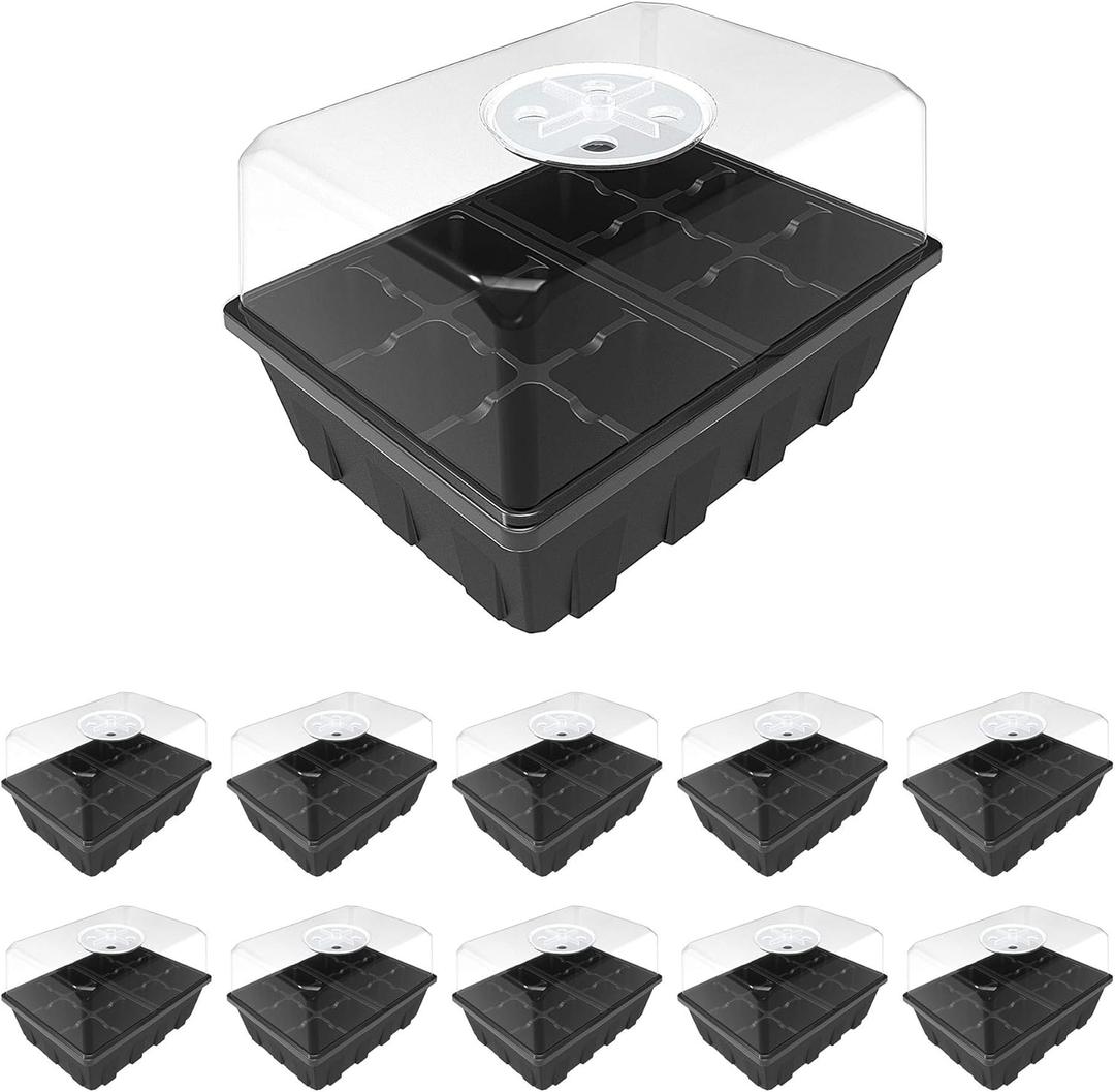 Gardzen 10 Pack Seed Starting Tray, Plant Germination Trays, Seed Starter Kit with Adjustable Humidity Vented Dome, Plant Growing Kit 6.6" x 4.5", Total 120-Cell, Black (Black Trays)