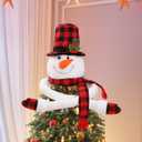 Christmas Snowman Tree Topper Unique Christmas Decoration Large Plush Funny Christmas Tree Topper with Buffalo Plaid Hat Scarf Treetop Hugger Ornament for Home Holiday Winter Party Xmas Decor (White)
