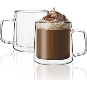 CNGLASS 12oz Glass Coffee Mugs,Double Wall Insulated Glass Cups with Handle,Clear Espresso Mugs for Latte,Cappuccino,Tea Bag,Set of 2