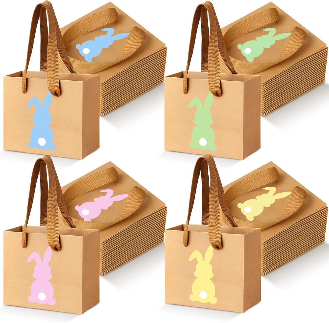 Tenceur 48 Pieces Mini Kraft Easter Gift Bags with Handle 4.72 x 3.94 x 2.36 Small Bunny Paper Treat Bags for Easter Party Favor Supplies Gifts Wrapping
