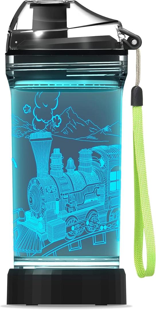 Lightzz Kids Water Bottle with 3D Glowing Train LED Light - Tritan BPA Free - Creative Ideal Travel Cup Train Engine Gift for Back to School Girl Boy Child Holiday Camping Picnic (Train Engine 14 Oz)