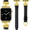 Slim Leather Bands Women Compatible with Apple Watch 38mm 40mm 41mm 42mm 44mm 45mm 46mm 49mm Designer Dressy Fashion Strap Double C-Shape Metal Crown for iWatch Series 10 9 8 7 6 5 4 3 2 1