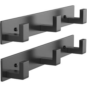 PMMASTO Wall Mounted Coat Hooks- Stainless Steel Rust-Resistant Bathroom Hangers for Towels/Hats/Coats, Heavy-Duty Wall Mount Hooks with Screws (Black 3 Hooks, 2-Pack)