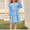 Haloumoning Girls Long Sleeve Dress Kids Ruffle Babydoll Dress Casual Party Swing Dresses 5-14 Years