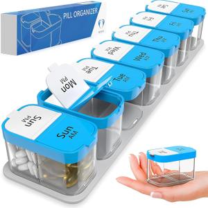 Extra Large Weekly Pill Organizer - XL Daily Pill Box - 7 Day Am Pm Pill Case Jumbo Pill Container for Supplements Big Pill Holder Twice A Day Oversized (Blue/White)