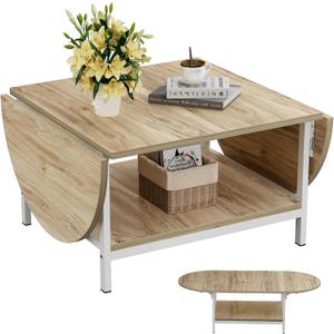 SAYGOER Modern Coffee Table 2-Tier Extended Coffee Tables for Living Room 2-Tier Small Extended Table with Storage White Center Table for Large or Small Spaces, Foldable, Oak, 47.2"D x 23.6"W x 17.7"H