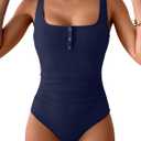 B2prity One Piece Swimsuit for Women Tummy Control Ruched Slimming Bathing Suit Button Full Coverage Swimwear (Large, Navy Blue)