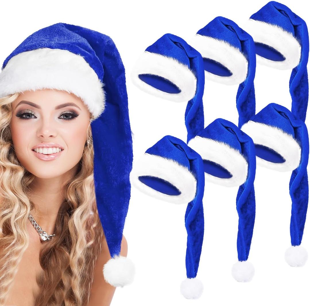 ZHXJKHKY 6 Pack Santa Hats - Blue Velvet Christmas Deluxe Plush Hats for Men & Women, Family Party Xmas Decor (6, Blue)