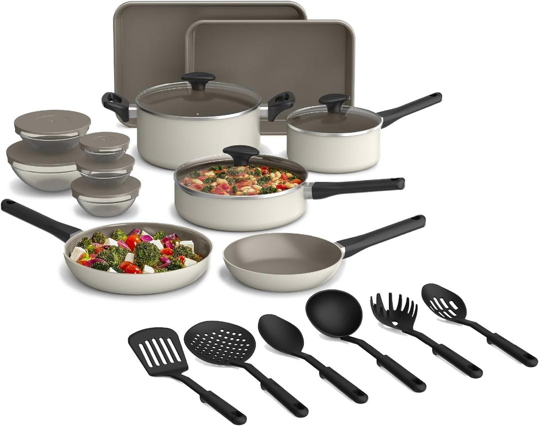 bella 21 Piece Kitchen Set with EverGood Ceramic Nonstick Coating, Dishwasher & Oven Safe, All Stovetops Compatible, Tempered Glass Lids & Cool Touch Handles, Oatmilk