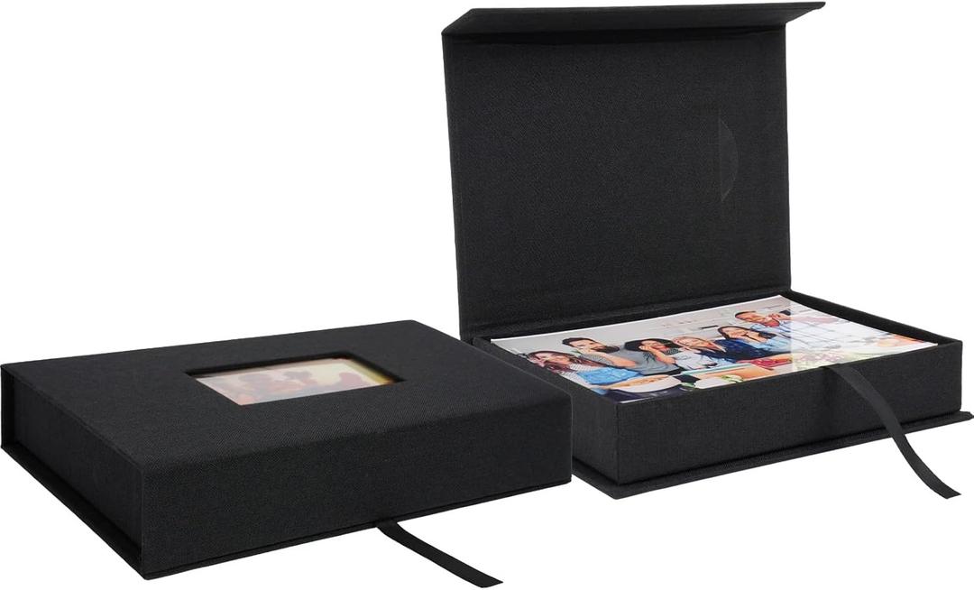 Linen Photo Storage Box, 5 x 7 Inch Memory Keepsake Organizer with Transparent Window, Stylish Photo Box for Storing Pictures, Keepsakes, Postcards, Scrapbooking Supplies, Black