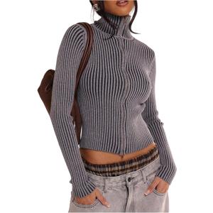MakeMeChic Women's Y2K Cropped Sweater Cardigans Striped Zip Up Cardigan High Neck Fall Sweaters Crop Tops (Dark Grey, XS)
