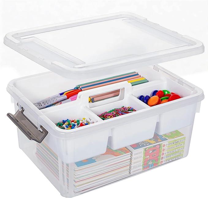 Citylife 17 QT Plastic Storage Bins Clear Storage Box with Removable Tray Stackable Latching Box with Handle for Organizing Tool, Craft, Office, Bead