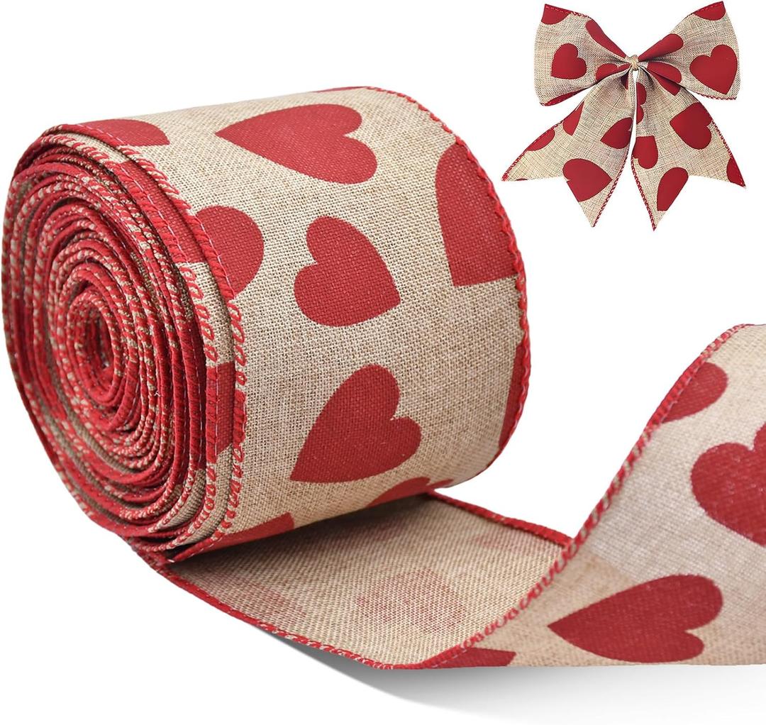2.5" x 10m Valentines Day Heart Ribbon for Gift Wrapping, Red Heart Wired Ribbon for Bows, Wreaths, DIY Crafts, Floral Arrangements, and Romantic Party Decorations (Red Heart Burlap)