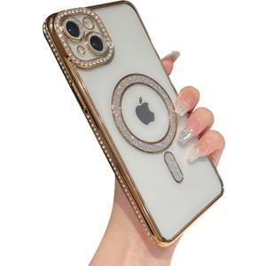 Caseative for iPhone 14 Plus Case,Glitter Bling Clear Magnetic Compatible with MagSafe Wireless Charging (Gold)