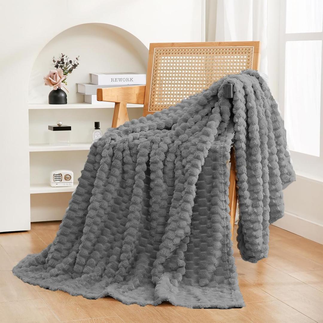 Puncuntex Grey Throw Blanket 50"60" inches Fuzzy 3D Jacquard Decorative Flannel Fleece Super Soft Plush Cozy Blanket for Couch Sofa Chair Lightweight