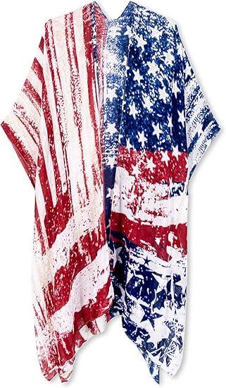 Moss Rose Women's Beach Cover up Swimsuit Kimono with Bohemian Floral Print, Loose Casual Resort Wear, New American Flag