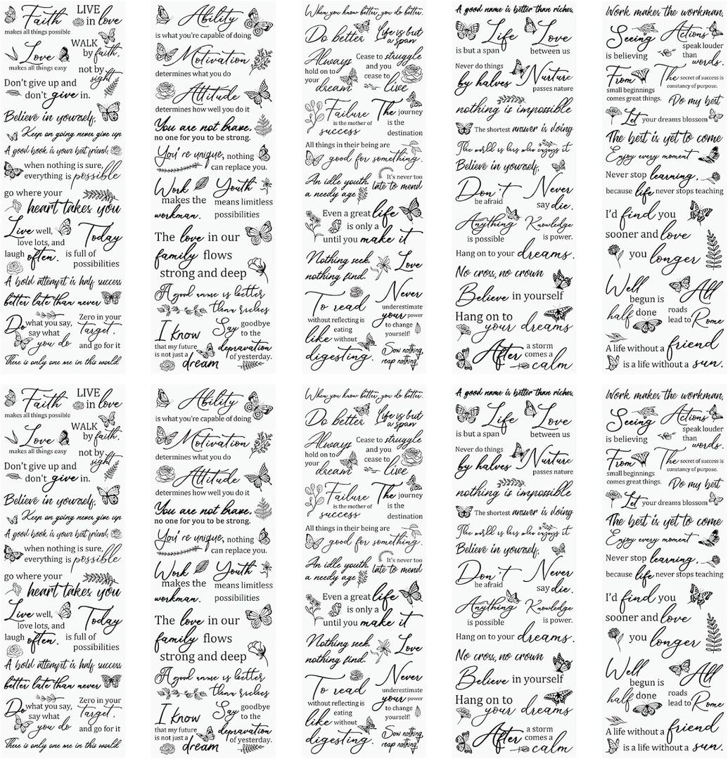 WANDIC 10 Sheets Rub On Transfer Stickers Butterfly Decals Black Inspiration Word Stickers Furniture Windows Craft Decals for Home Office,11.8 * 3.9in