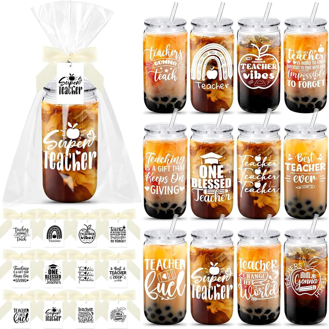 Teenyyou 12 Set End of Year Teacher Gifts Bulk Teacher Graduation Gifts, 16 oz Thick Reusable Plastic Appreciation Cups with Straws and Lids for Educator Mentor from Students(Vivid)