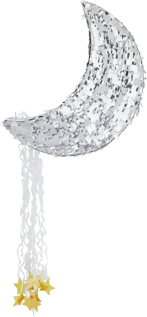 Juvale Pull String Moon Pinata for Twinkle Twinkle Little Star Birthday, Baby Shower Party Decorations (Silver Foil, 17x11x3 in) - Moon Pull String Pinata
