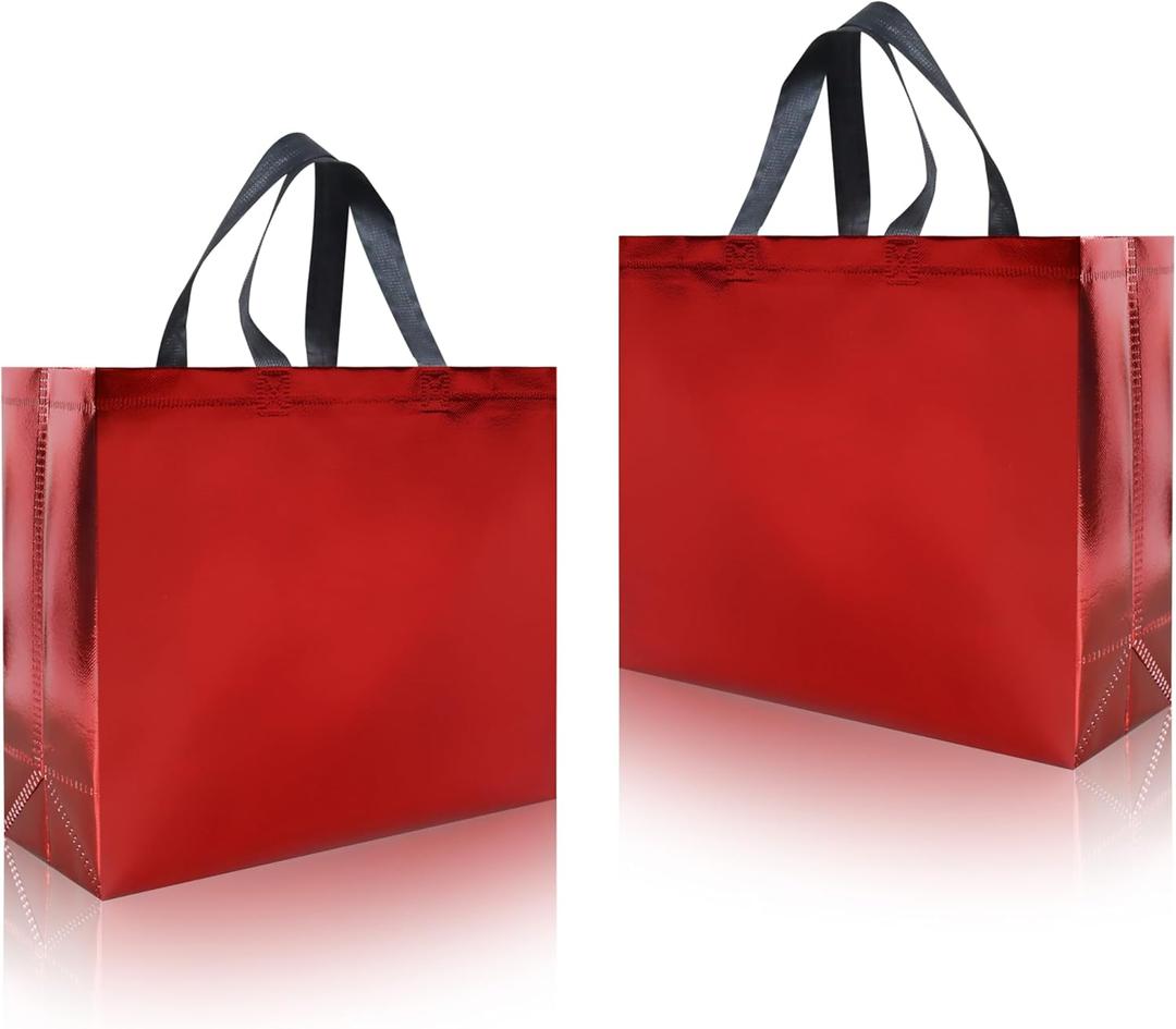 cabzymx 25 Pcs Red Reusable Gift Bags with Handles, Party Gift Bag with Sturdy Bases, Ideal Goodie Bag Bulk for Xmas, Birthday, Wedding, Holiday- 12.6x4.7x11 In