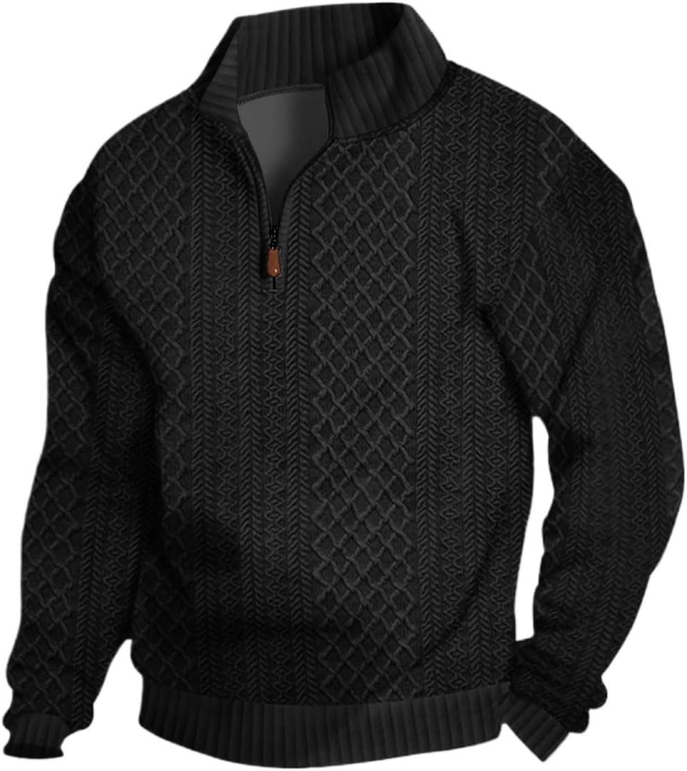 Men's Quarter Zip Sweatshirt Pullover Sweater Casual Long Sleeve Stand Collar Quarter Sweaters (Large, Black)