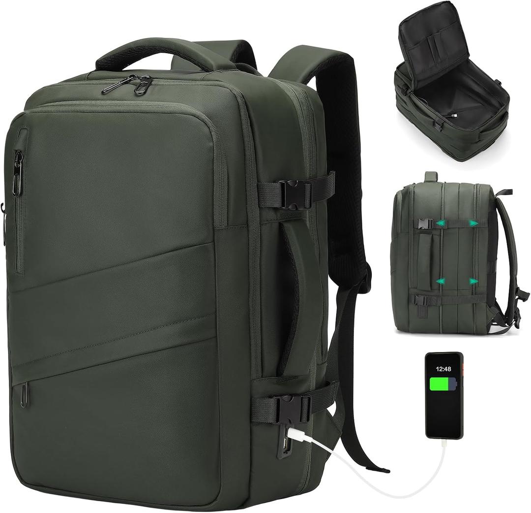 Travel Carry on Backpack, 18.9" Flight Approved, Expandable Weekender Bag with Waterproof USB A/C Port, Equivalent to 18" Suitcase, Green
