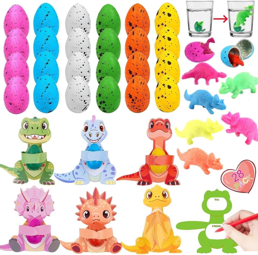 28Pack Valentines Day Gifts for Kids Boys Girls, Valentines Day Cards with Dinosaur Hatching Eggs Toys for Kids School Classroom Prizes Exchange Gifts