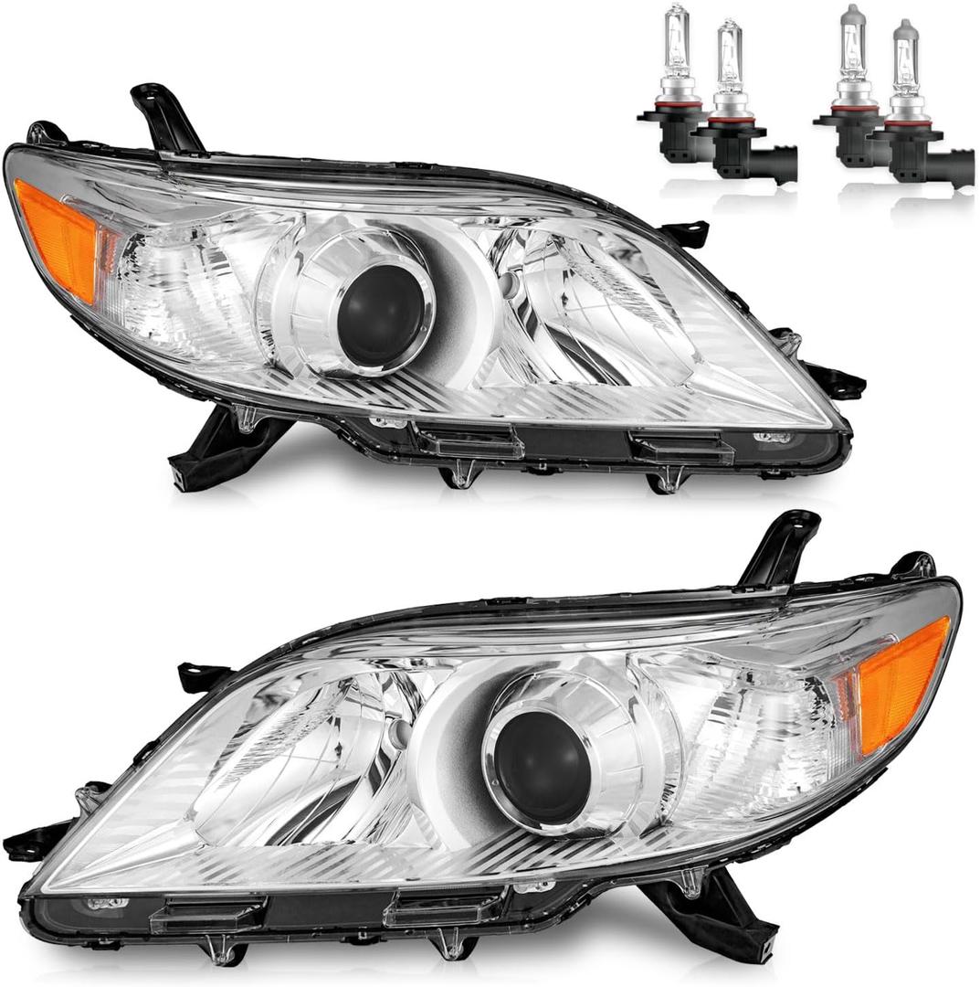 Headlights W/Bulbs for 2011-2020 Toyota Sienna Halogen Headlamp Replacement Driver & Passenger Side