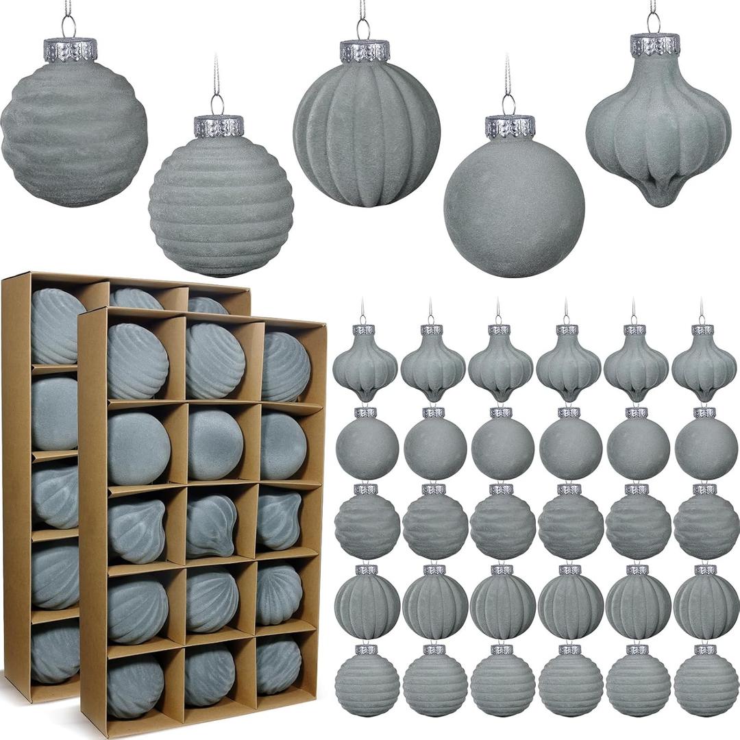 30 Pcs Velvet Christmas Ball Ornaments, Christmas Tree Ball Ornaments Flocked Plastic Balls Xmas Hanging Decorations for Tree Holiday Party (Dusty Blue, 3.15 Inch)