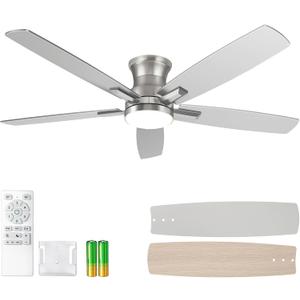 52 Inch Flush Mount Brushed Nickel Ceiling Fan with Light and Remote Control.Noiseless,Dimmable,3CCT,6 Speeds Reversible, Low Profile DC Ceiling Fans for Indoor or Covered Outdoor Use,ETL Listed