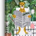 EVXID Bathroom Cheetah on Toilet Reading Newspaper Canvas Poster Painting Wall Art, Tropical Plants Cheetah Print Picture Artwork Framed Ready to Hang for Restroom Wall Decor 12 x 15 Inch (Leopard-04)