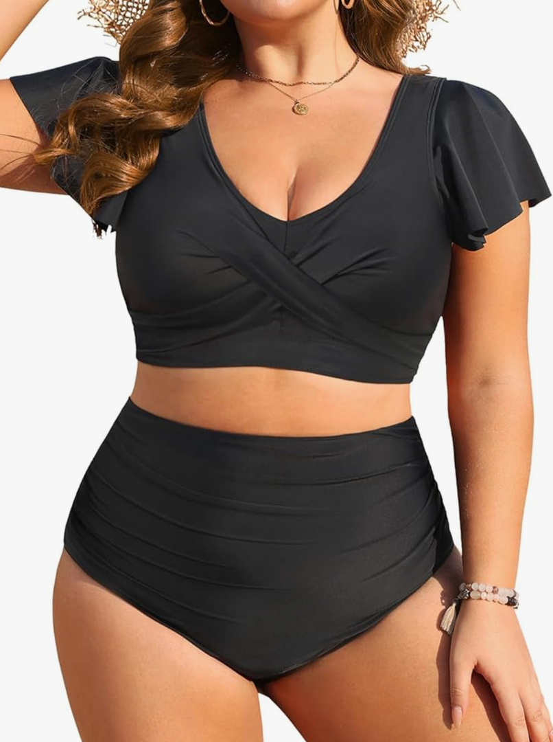 Daci Plus Size Two Piece Bikini Swimsuits - High Waisted Tummy Control Women Bathing Suits with Ruffle Sleeve Swimwear Size 16