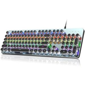 RisoPhy Typewriter Style Mechanical Gaming Keyboard, Metal Panel, Retro Punk Round Keycaps, Clicky Blue Switch, Rainbow LED Backlit, 104 Keys Wired Keyboard, Round Keycaps for PC Laptop Mac Gamer