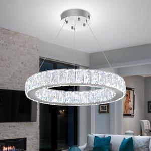 Modern LED 23.6" Ring Chandelier for Dining Room Living Room Dimmable Crystal Pendant Light Adjustable Round Chrome Crystal Chandelier