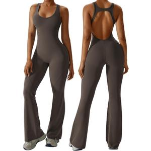 OEAK Womens Flare Jumpsuit with Bra Tummy Control Cutout Romper Workout Outfit Sleeveless Unitard One Piece Backless Bodysuit (Large, Brown)