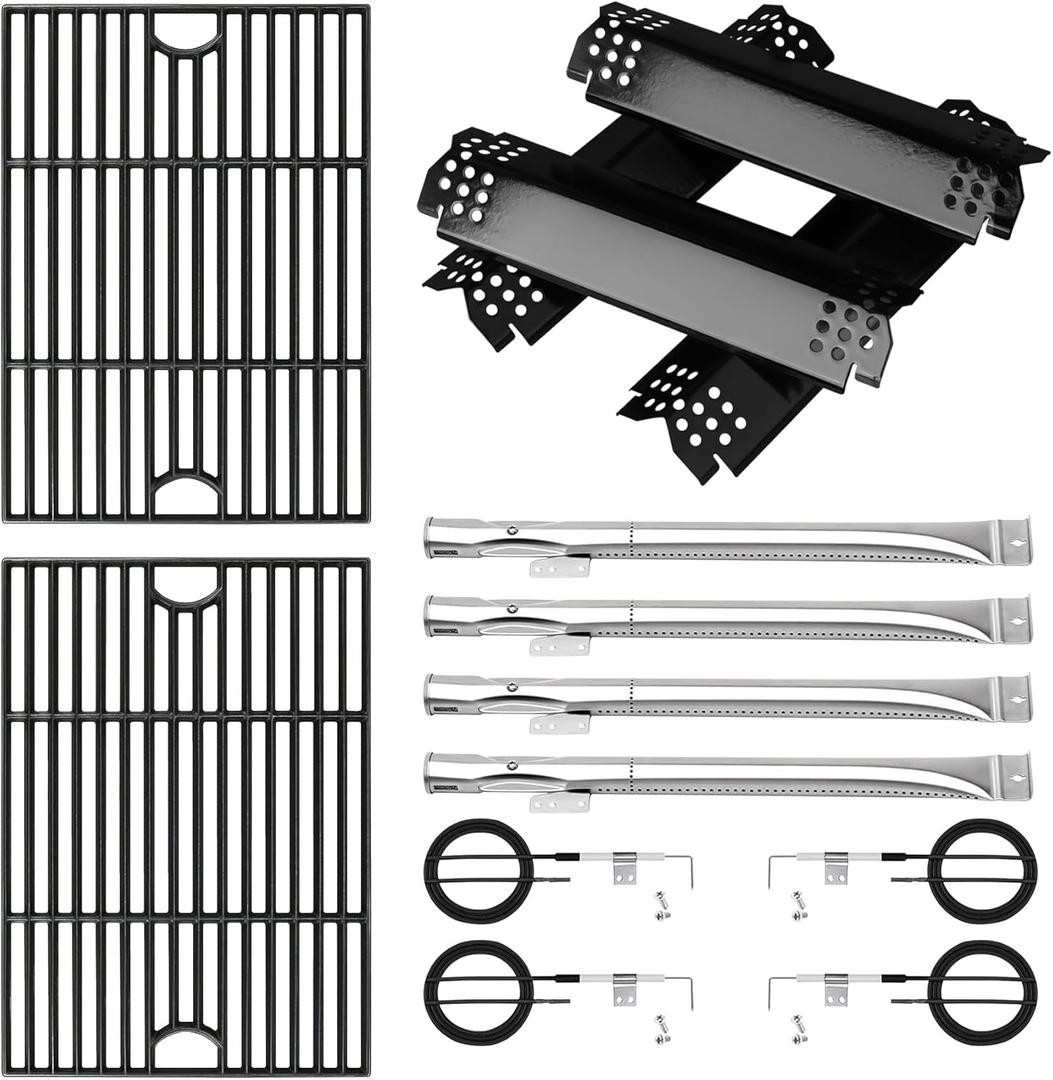 Cast Iron Cooking Grate,Heat Shield and Burner Kit for Nexgrill Replacement Parts 4-Burner 720-0830H 720-0830H,720-0888N,720-0888,720-0864,720-0896B,for Uniflame,Kenmore,Nexgrill 4&5-Burner Gas Grills