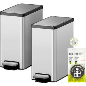 EKO Slim Small Bathroom Trash Can with Lid, Stainless Steel Kitchen Garbage Can with Removable Inner Bucket, 6L / 1.6 Gal 2 Pack Step On Trash Can Combo